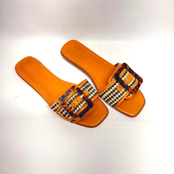 J.McLaughlin Alan Orange Leather Raffia Tortoise Buckle Slide Sandals Womens 9M main image 0